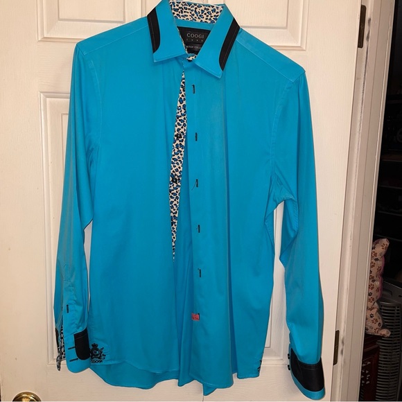 COOGI Luxe Stretch Collection Blue button shirt w/ Leopard cuffs & collar - Picture 8 of 13